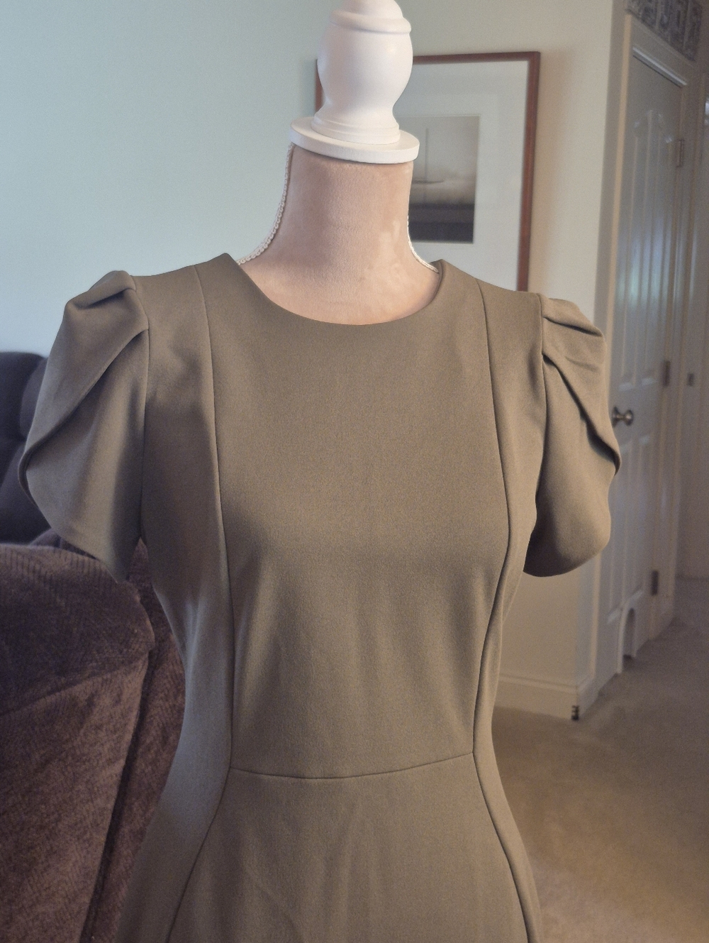 Calvin Klein Olive Green Puff Tulip Sleeve Sheath Dress Size 4 - Picture 2 of 10